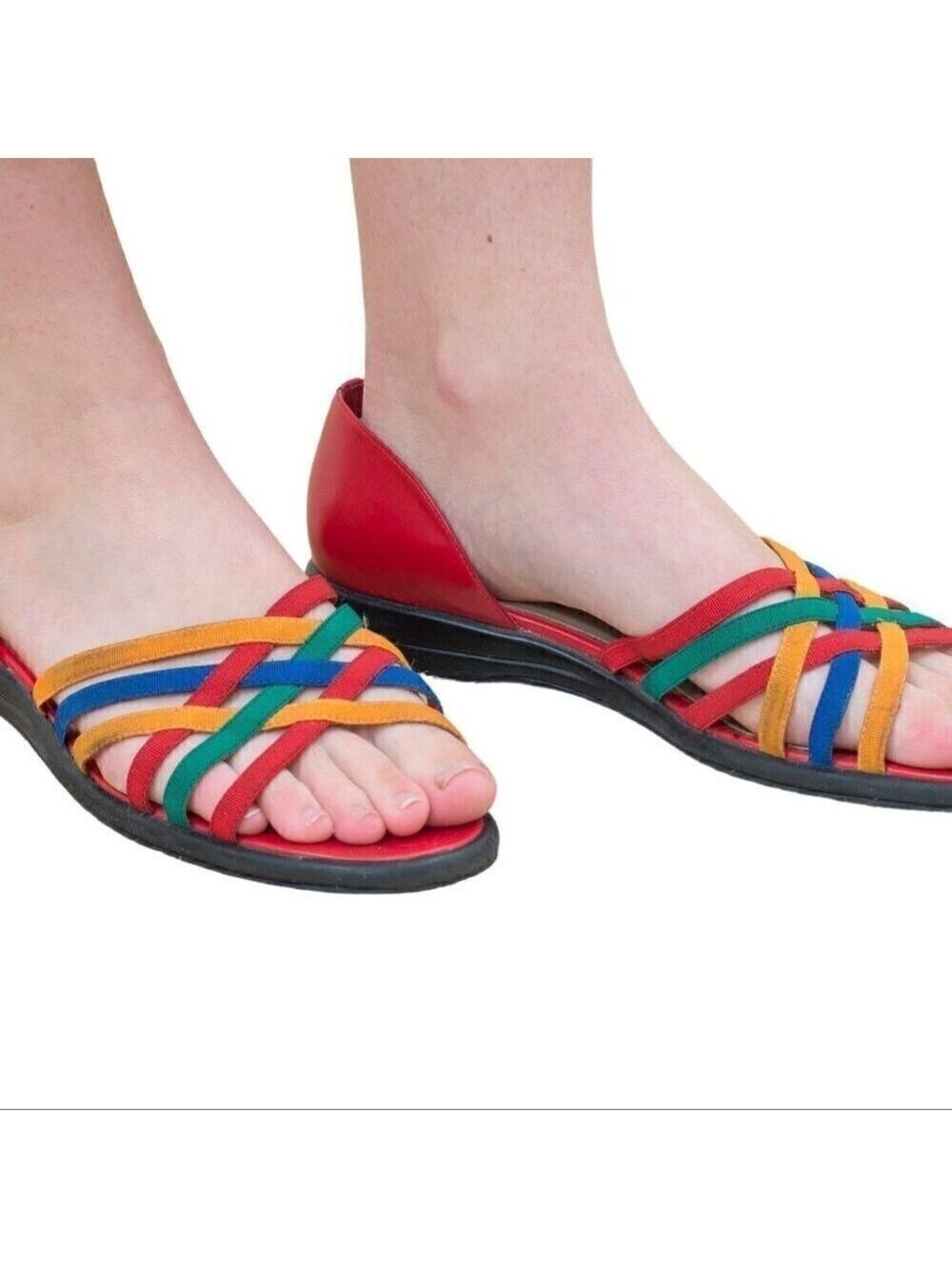 Mootsies Tootsies Sybil Rainbow Red Flat Woven Slide Sandals Size 7